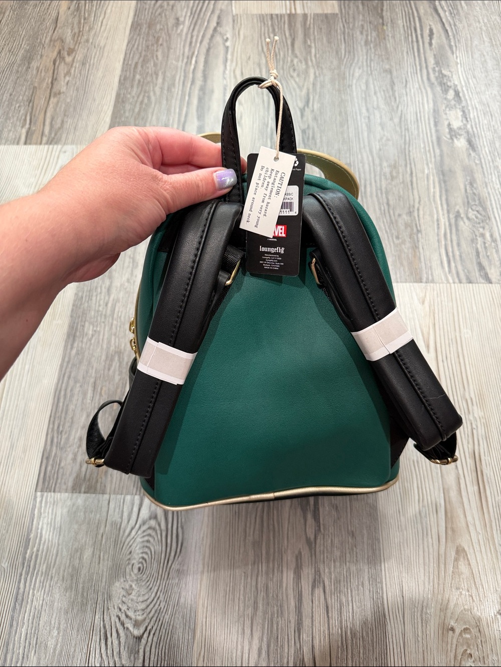 NWT Loungefly Marvel Loki Helmet Mini Backpack in Metallic Gold, Green & Black - Picture 5 of 11